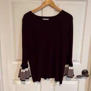 ELLE Women’s Burgundy Bell Sleeve Sweater Top Striped Tiered Cuffs Size XL